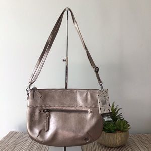 NWT THE SAK 100% LEATHER Silver  Metallic Crossbody Bag Purse